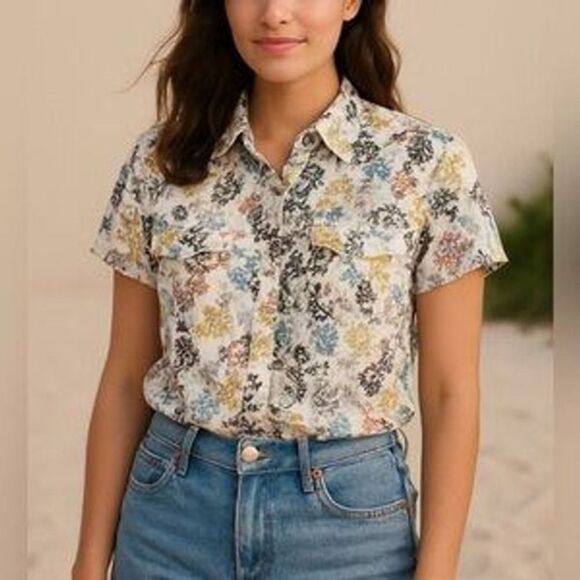 Aventura Tops - Aventura Womens 100% Organic Cotton All Over Floral Print Button Shirt sz M